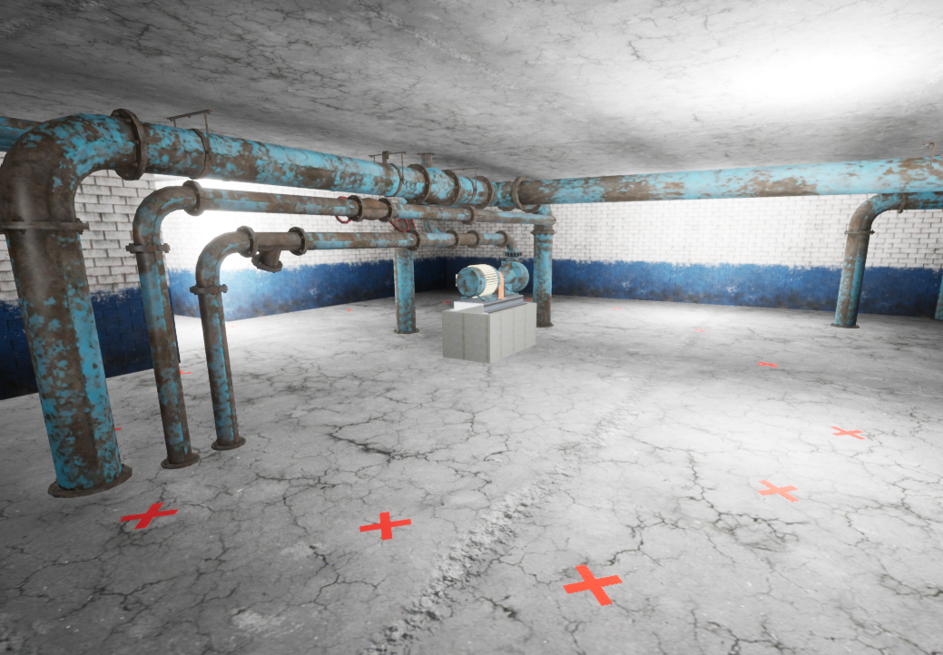 A VR industrial scene where a worker sprays a safety perimeter around a hidden contamination source