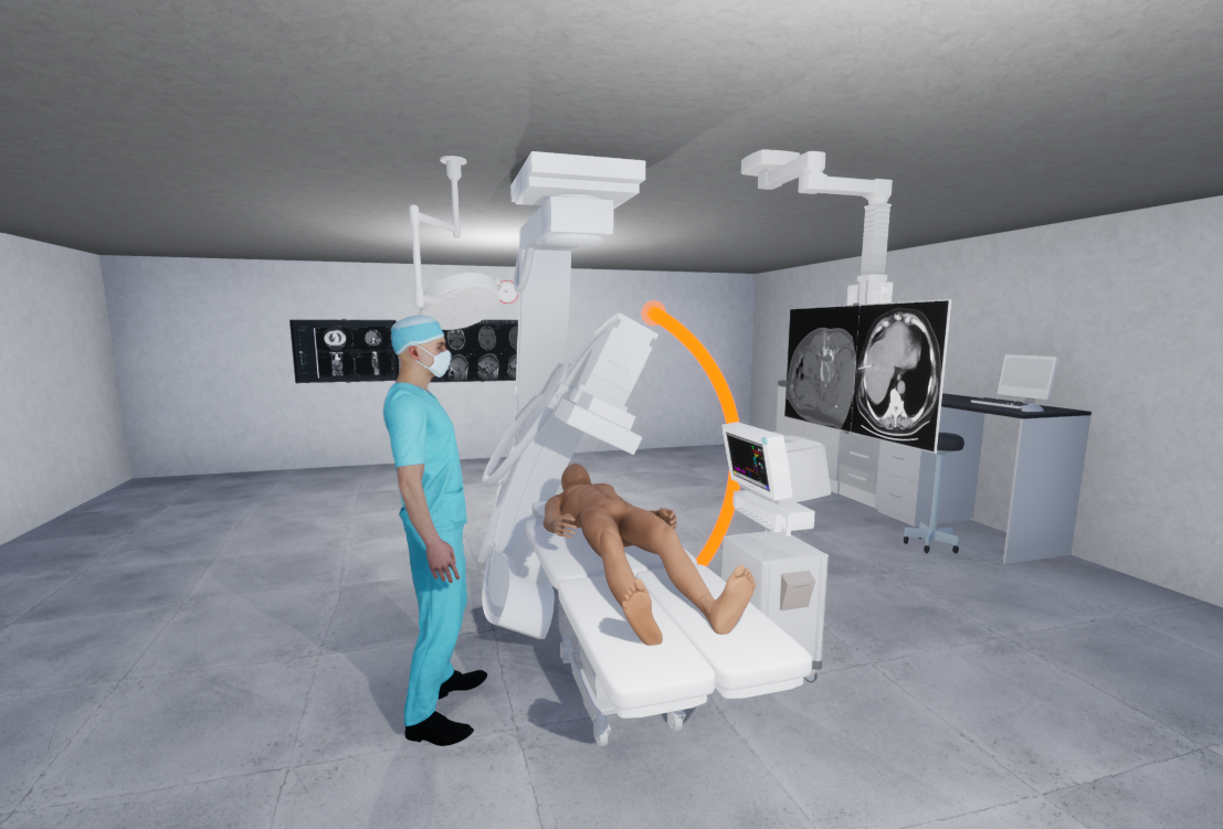 A VR interventional radiology room with a rotating C-arm X-ray machine and a translucent radiation field
