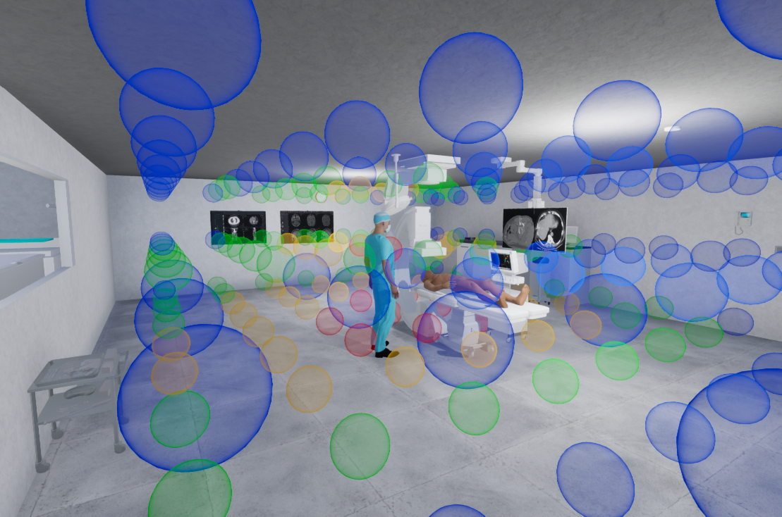 A radiation field rendered as a cloud of colored transparent spheres with Fresnel-rim edges