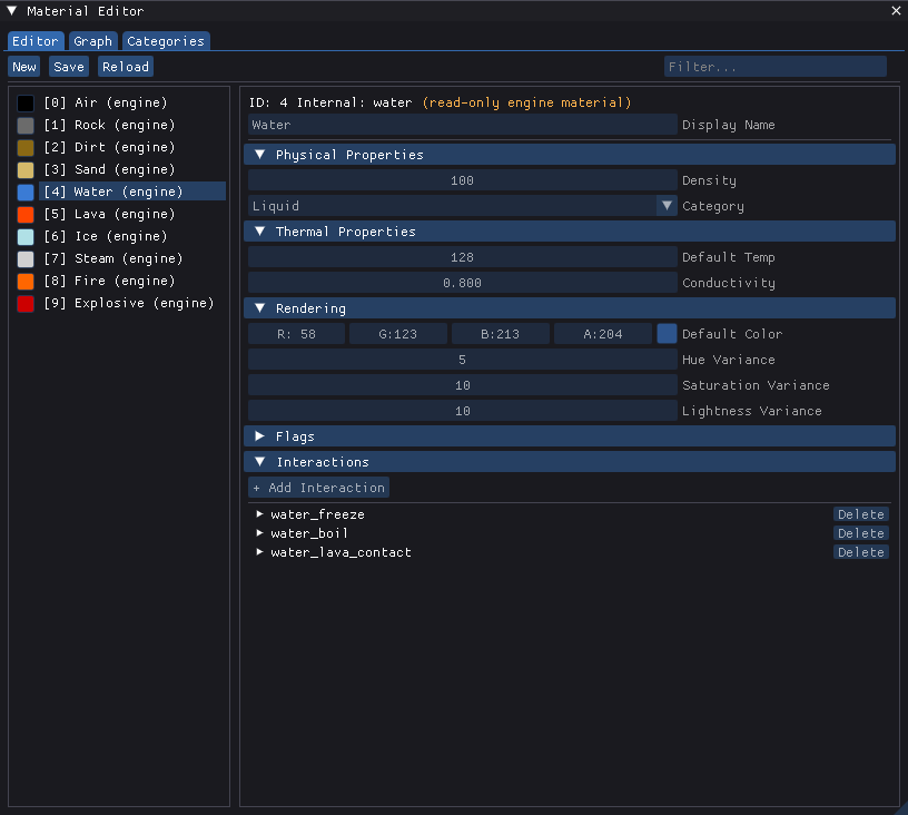 The material editor tab showing a material's properties: density, colour and thermal points